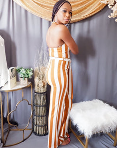 Striped Halter Jumpsuit (Carmel and White)