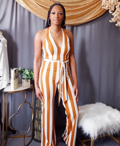 Striped Halter Jumpsuit (Carmel and White)
