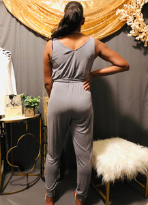 V neck Tie Front Jumpsuit (Chargray)