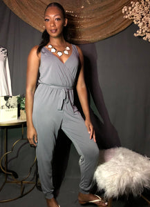 V neck Tie Front Jumpsuit (Chargray)